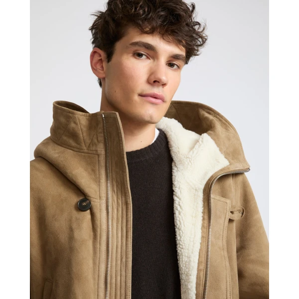 Yves Salomon Curly Wool Suede Lambskin Shearling Parka in Beige and White | Men's Jackets | Coveti