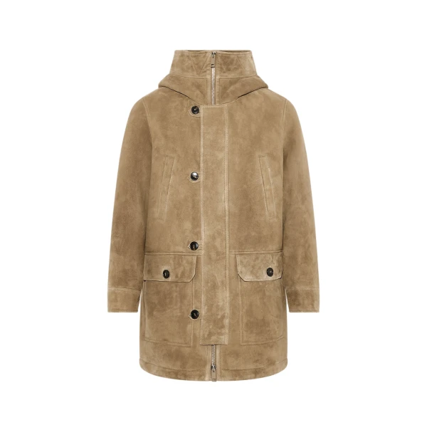 Yves Salomon Curly Wool Suede Lambskin Shearling Parka in Beige and White | Men Jackets | Coveti