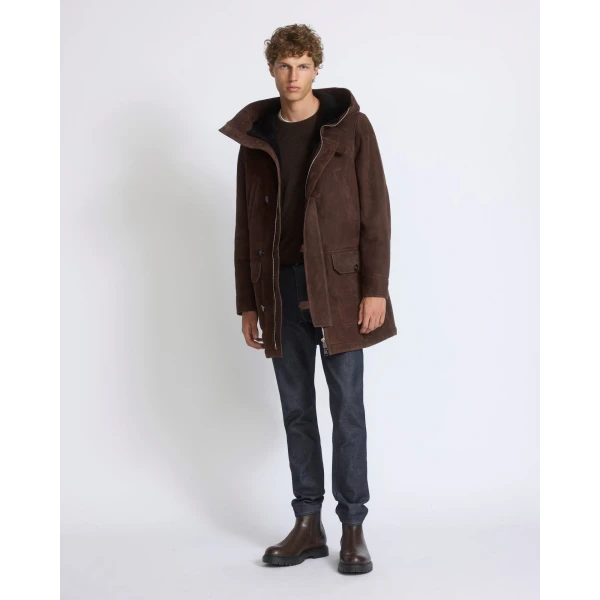 Yves Salomon Curly Wool Suede Lambskin Shearling Parka in Brown | Men's Jackets | Coveti