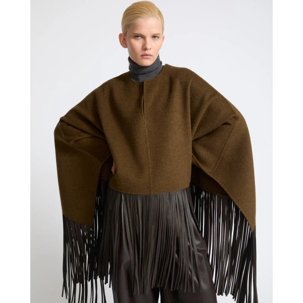 Yves Salomon Double-Face Wool and Cashmere Cape with Lambskin Fringes in Brown | Wool Coat | Coveti