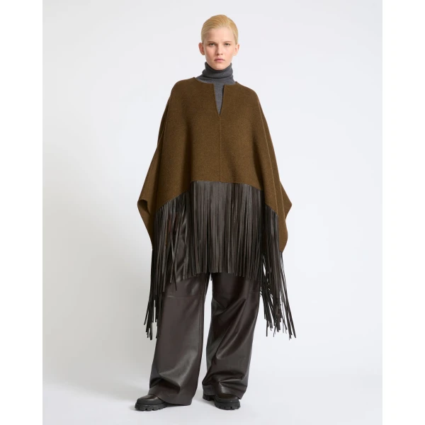 Yves Salomon Double-Face Wool and Cashmere Cape with Lambskin Fringes in Brown | Wool Coat | Coveti