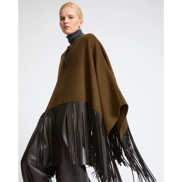 Yves Salomon Double-Face Wool and Cashmere Cape with Lambskin Fringes in Brown | Wool Coat | Coveti
