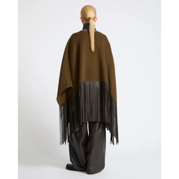 Yves Salomon Double-Face Wool and Cashmere Cape with Lambskin Fringes in Brown | Wool Coat | Coveti