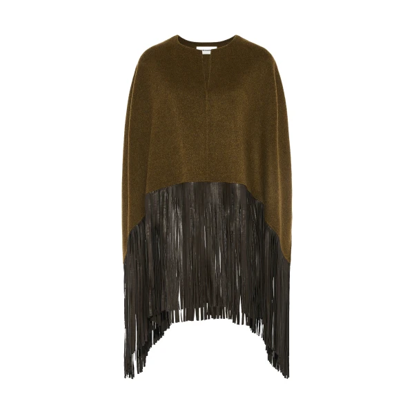Double-Face Wool and Cashmere Cape with Lambskin Fringes in Brown