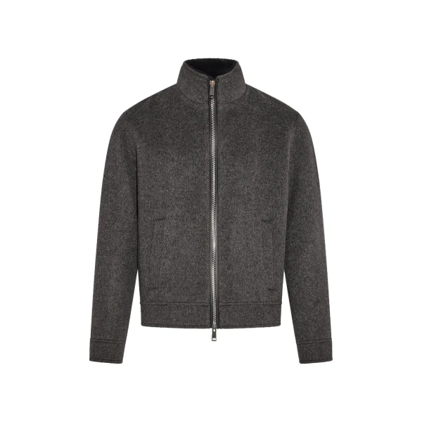 Yves Salomon Double-Sided Cashmere Jacket with Plucked Mink Collar in Grey Marl | Men Jackets | Coveti