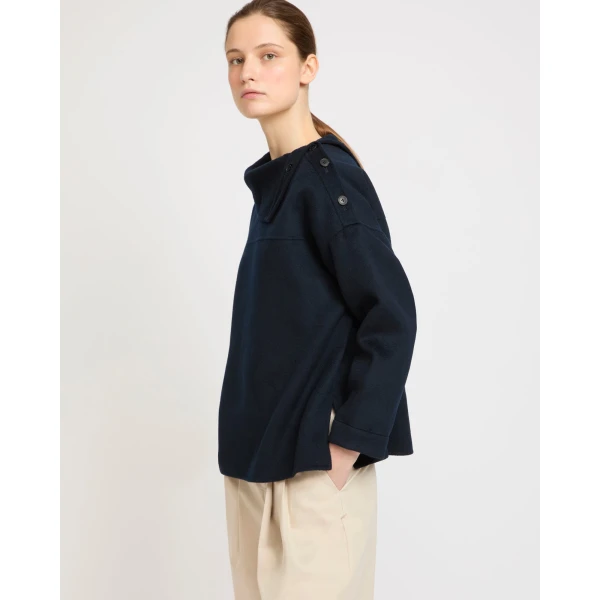 Yves Salomon Double-Sided Cashmere Wool Funnel Neck Blouse in Navy | Blouse | Coveti
