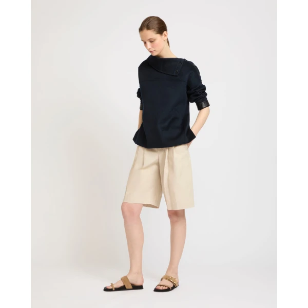Yves Salomon Double-Sided Cashmere Wool Funnel Neck Blouse in Navy | Blouse | Coveti