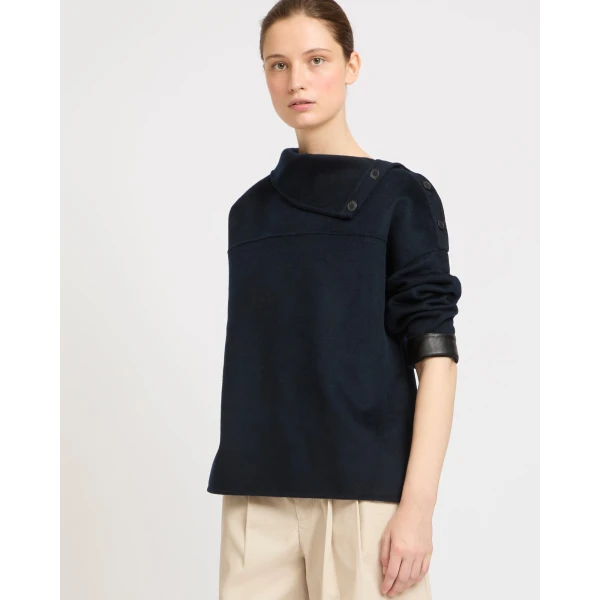 Yves Salomon Double-Sided Cashmere Wool Funnel Neck Blouse in Navy | Blouse | Coveti
