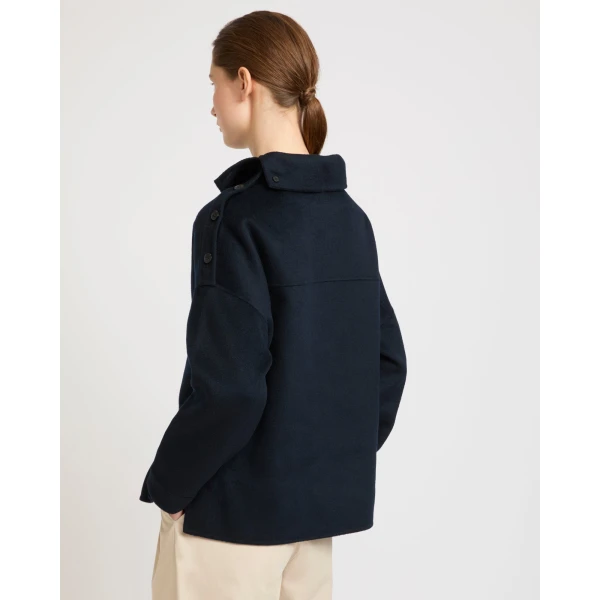 Yves Salomon Double-Sided Cashmere Wool Funnel Neck Blouse in Navy | Blouse | Coveti