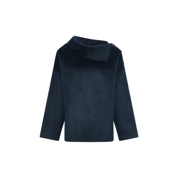 Double-Sided Cashmere Wool Funnel Neck Blouse in Navy