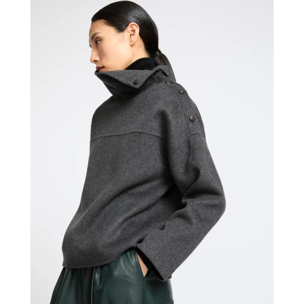 Yves Salomon Double-Sided Wool Funnel Neck Blouse in Grey | Blouse | Coveti