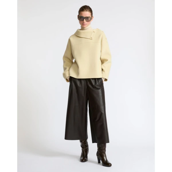 Yves Salomon Double-Sided Wool Funnel Neck Blouse in Pale Yellow | Blouse | Coveti