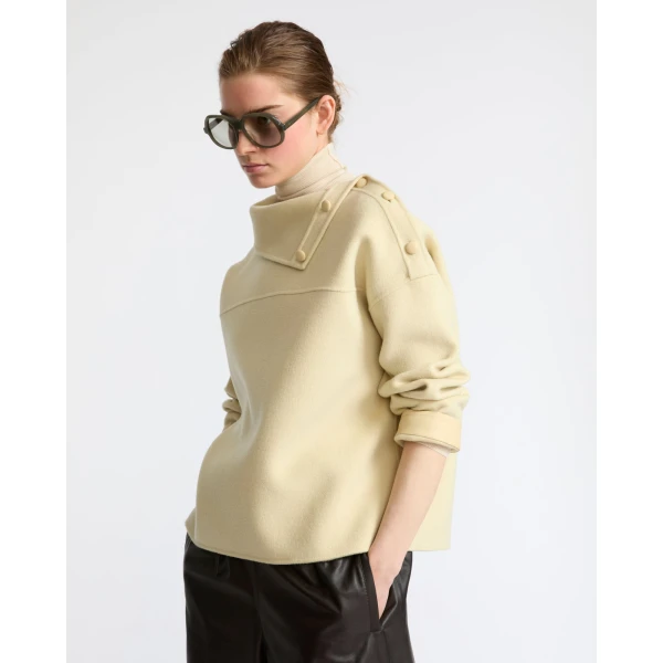 Yves Salomon Double-Sided Wool Funnel Neck Blouse in Pale Yellow | Blouse | Coveti