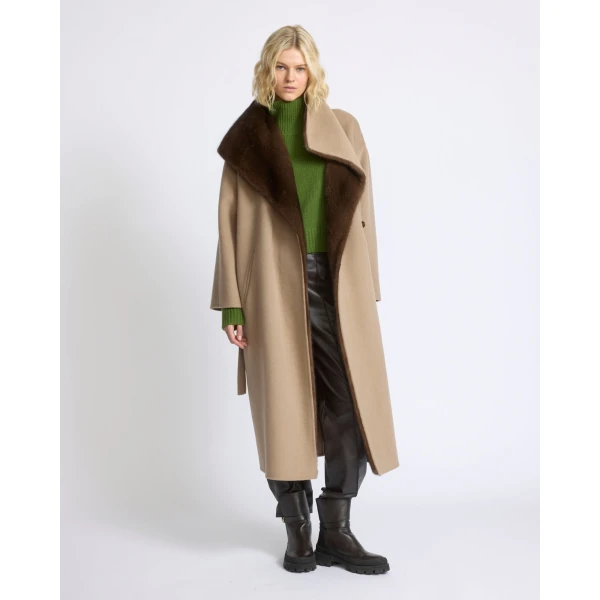 Yves Salomon Double-Sided Wool and Cashmere Coat with Mink Fur in Beige | Wool Coat | Coveti