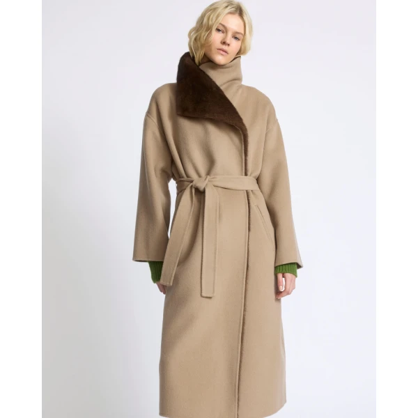Yves Salomon Double-Sided Wool and Cashmere Coat with Mink Fur in Beige | Wool Coat | Coveti