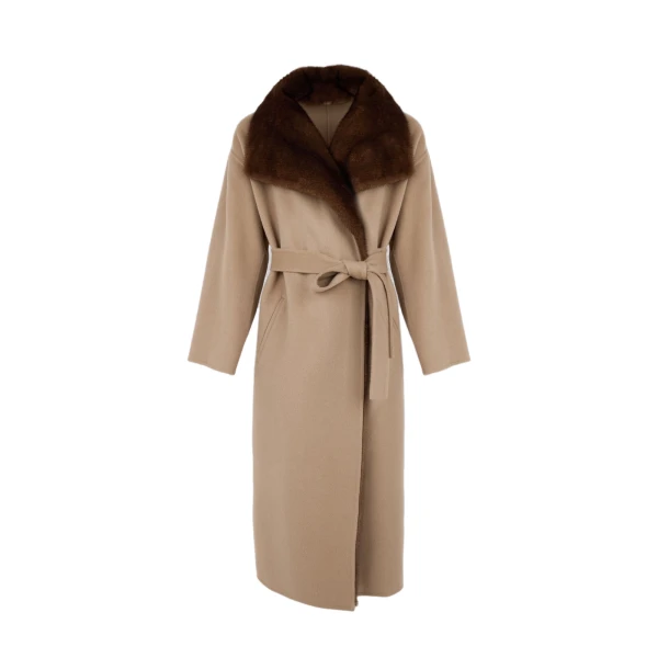 Yves Salomon Double-Sided Wool and Cashmere Coat with Mink Fur in Beige | Wool Coat | Coveti