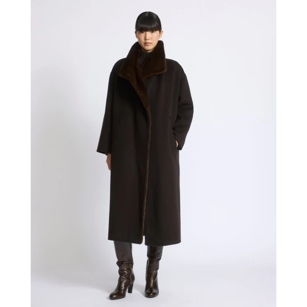 Yves Salomon Double-Sided Wool and Cashmere Coat with Mink Fur in Brown | Wool Coat | Coveti