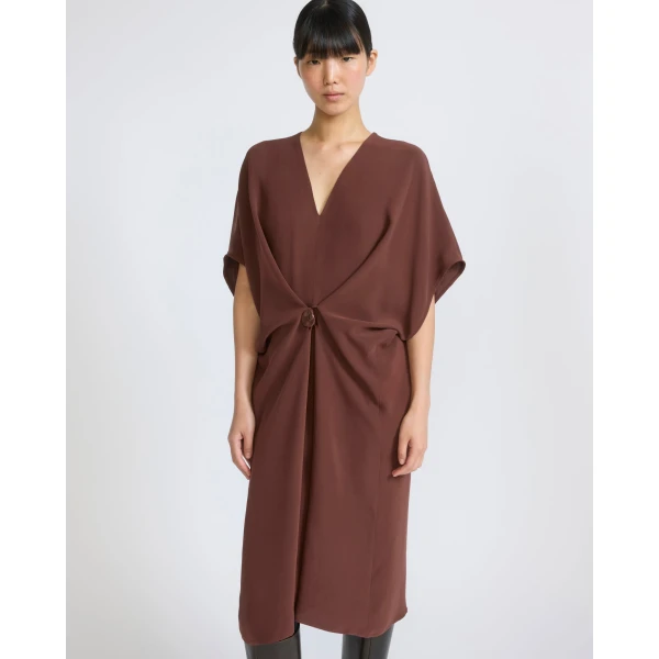 Yves Salomon Draped Silk Crepe Dress in Dark Brown | Dresses | Coveti