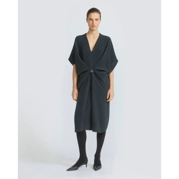 Yves Salomon Draped Silk Crepe Dress in Dark Teal | Dresses | Coveti