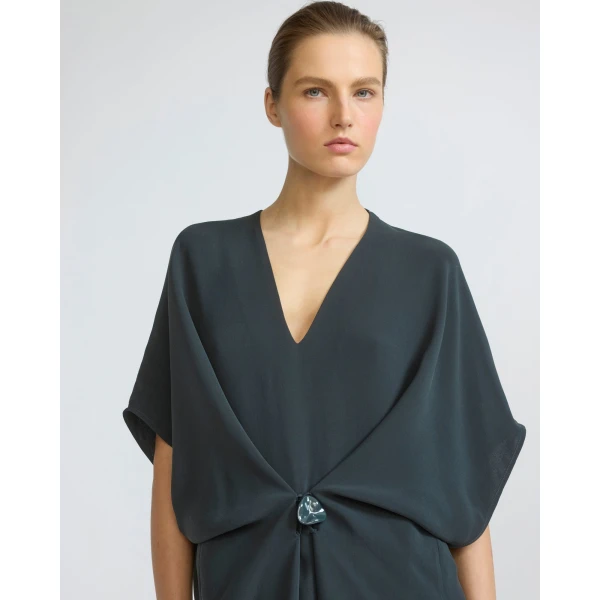 Yves Salomon Draped Silk Crepe Dress in Dark Teal | Dresses | Coveti
