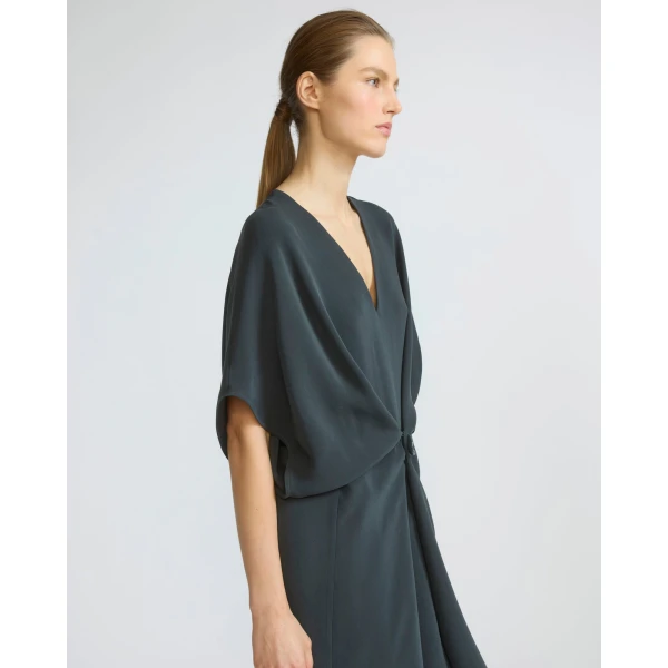 Yves Salomon Draped Silk Crepe Dress in Dark Teal | Dresses | Coveti