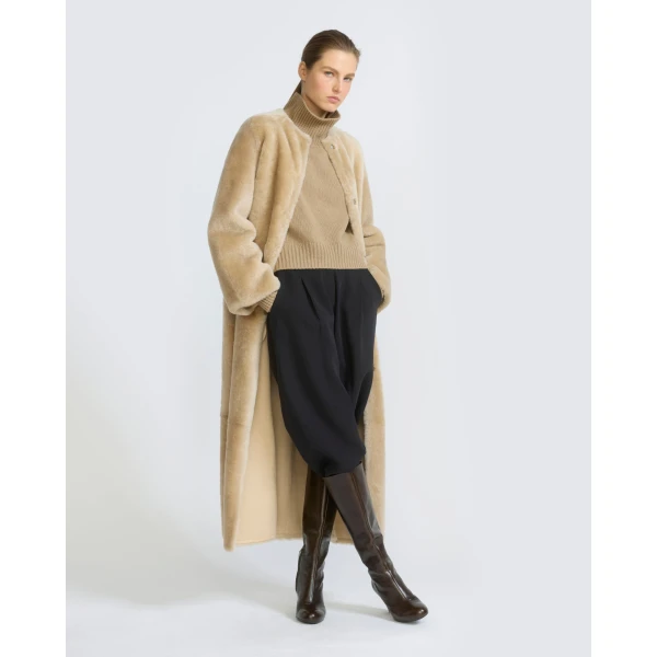 Yves Salomon Extra Long Lambskin Shearling Coat in Beige | Shearling Coat | Coveti