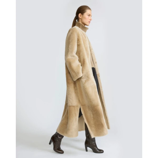 Yves Salomon Extra Long Lambskin Shearling Coat in Beige | Shearling Coat | Coveti