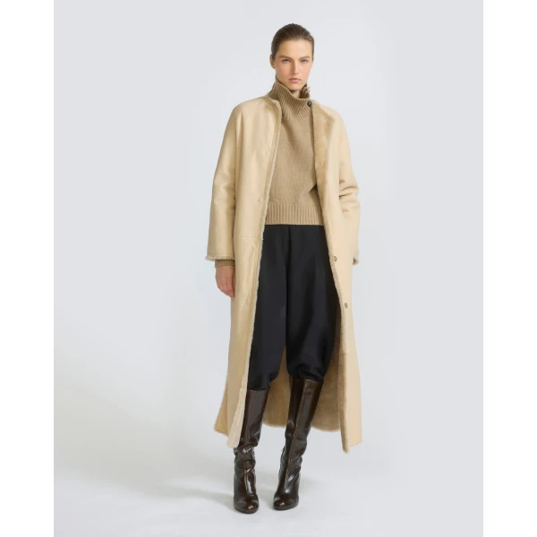 Yves Salomon Extra Long Lambskin Shearling Coat in Beige | Shearling Coat | Coveti