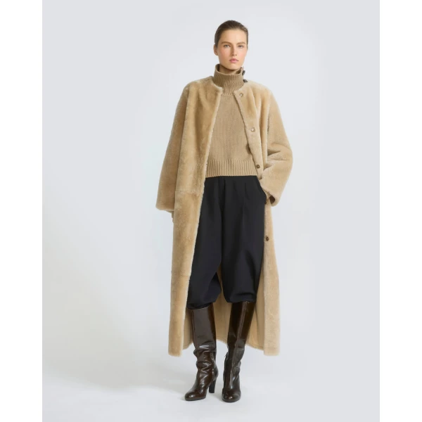 Yves Salomon Extra Long Lambskin Shearling Coat in Beige | Shearling Coat | Coveti