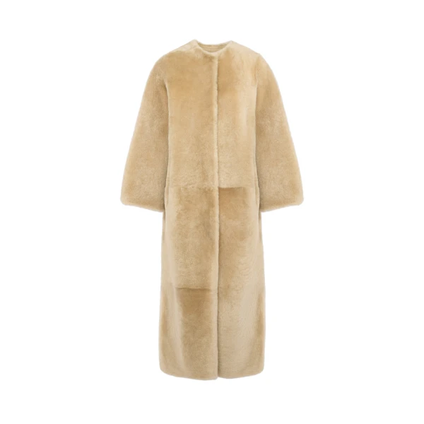 Extra Long Lambskin Shearling Coat in Beige