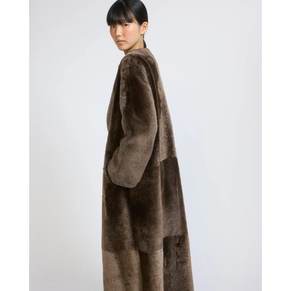 Yves Salomon Extra Long Lambskin Shearling Coat in Brown | Shearling Coat | Coveti