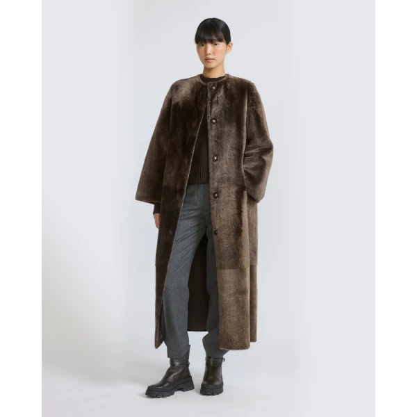 Yves Salomon Extra Long Lambskin Shearling Coat in Brown | Shearling Coat | Coveti