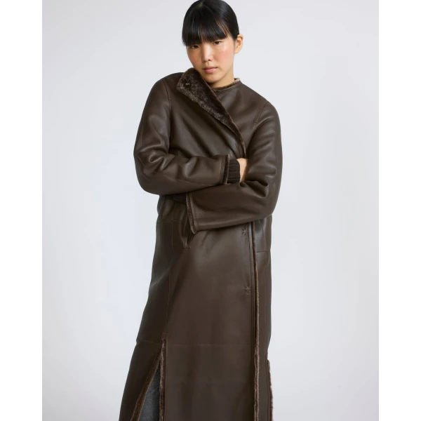 Yves Salomon Extra Long Lambskin Shearling Coat in Brown | Shearling Coat | Coveti