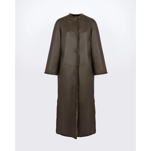Yves Salomon Extra Long Lambskin Shearling Coat in Brown | Shearling Coat | Coveti