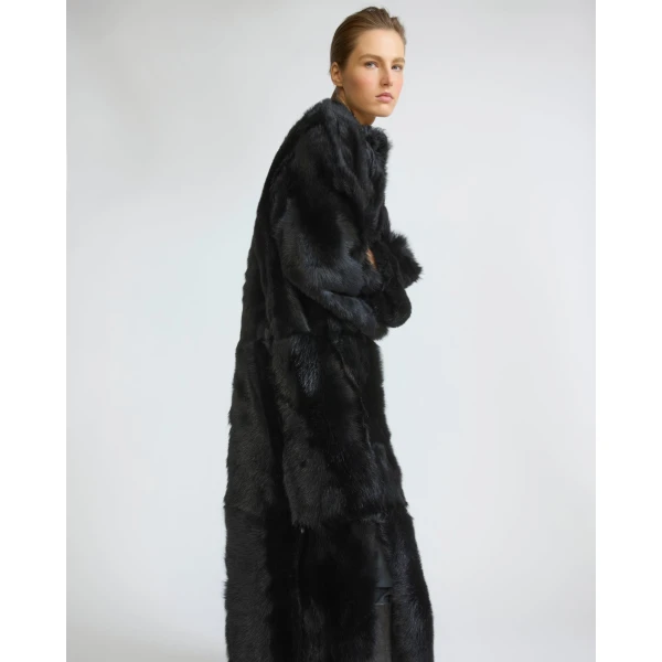 Yves Salomon Extra Long Toscana Lambskin Shearling Coat in Black | Shearling Coat | Coveti