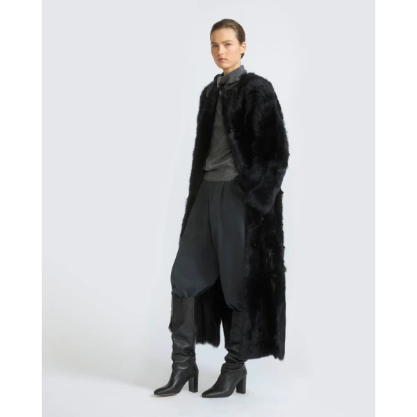 Yves Salomon Extra Long Toscana Lambskin Shearling Coat in Black | Shearling Coat | Coveti