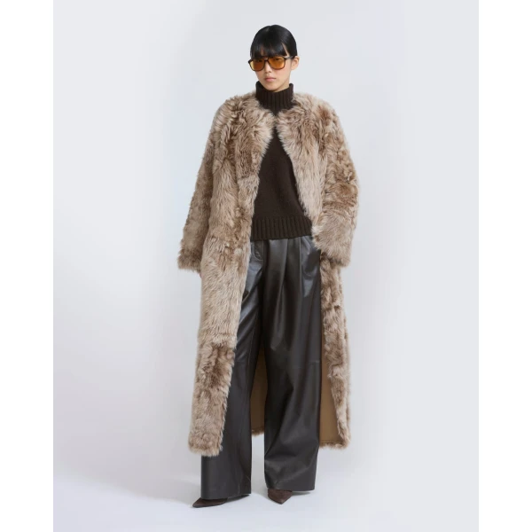 Yves Salomon Extra Long Toscana Lambskin Shearling Coat in Camel | Shearling Coat | Coveti