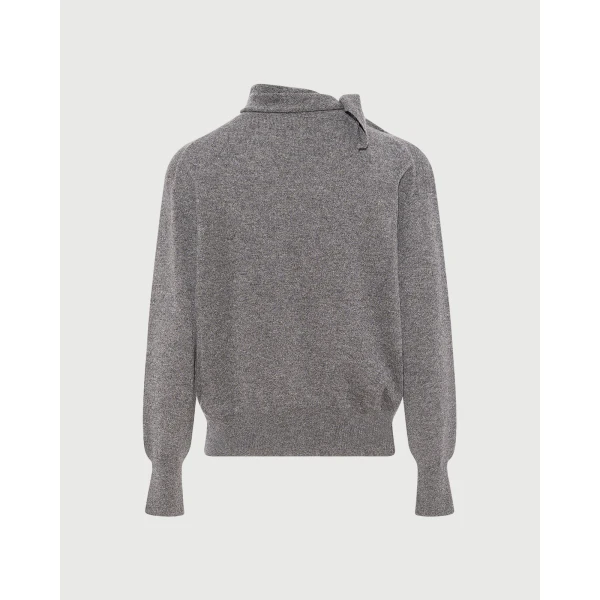 Yves Salomon Fine Cashmere Knit Sweater with Scarf Collar in Grey | Sweaters | Coveti