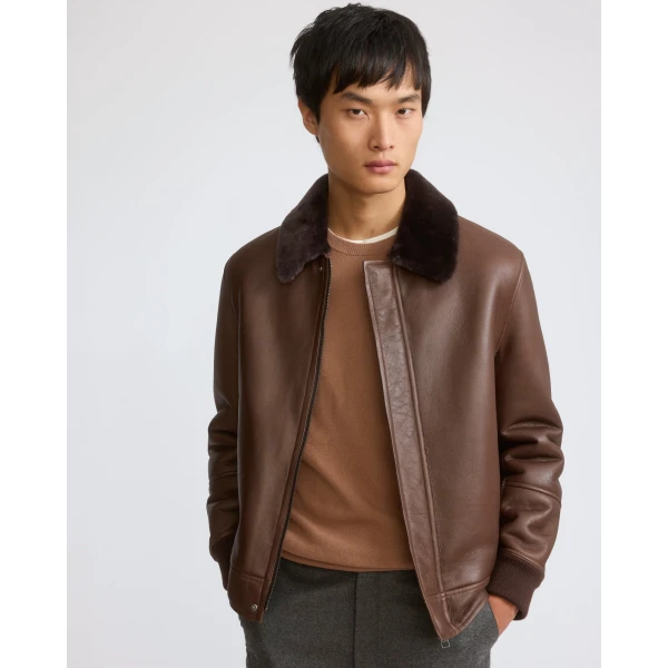Yves Salomon Fine Curly Merino Lambskin Shearling Jacket in Chocolate and Ivory | Men's Jackets | Coveti