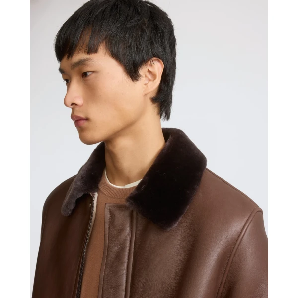 Yves Salomon Fine Curly Merino Lambskin Shearling Jacket in Chocolate and Ivory | Men's Jackets | Coveti