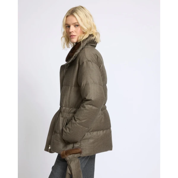 Yves Salomon Fitted Flannel Down Jacket with Mink Fur Collar and Mittens in Brown | Coats | Coveti