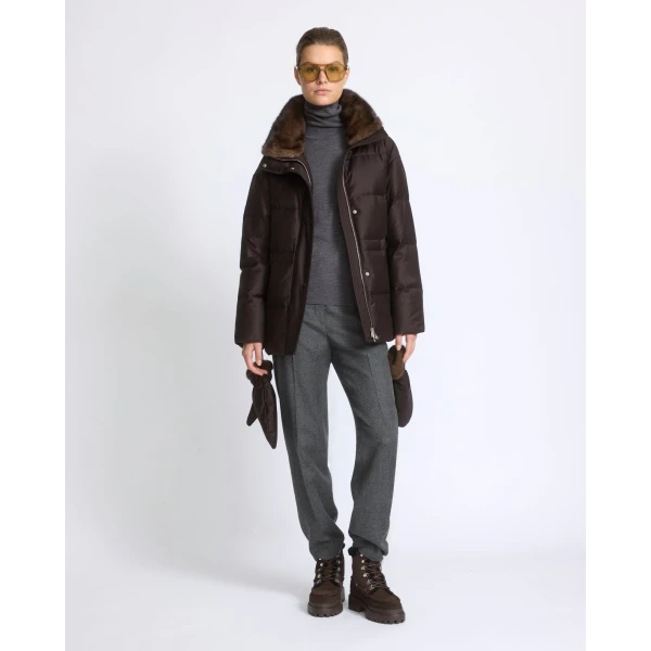 Yves Salomon Fitted Flannel Down Jacket with Mink Fur Collar and Mittens in Brown | Coats | Coveti