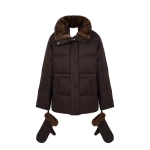 Yves Salomon Fitted Flannel Down Jacket with Mink Fur Collar and Mittens in Brown | Coats | Coveti