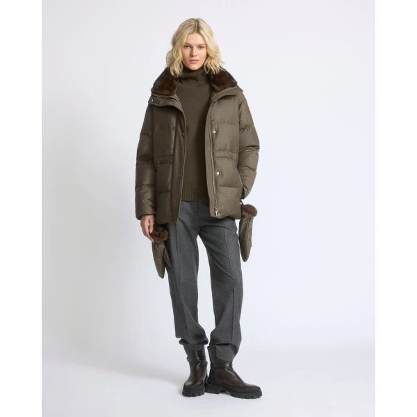 Yves Salomon Fitted Flannel Down Jacket with Mink Fur Collar and Mittens in Brown | Coats | Coveti