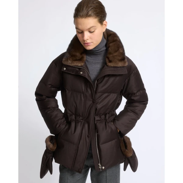 Yves Salomon Fitted Flannel Down Jacket with Mink Fur Collar and Mittens in Brown | Coats | Coveti