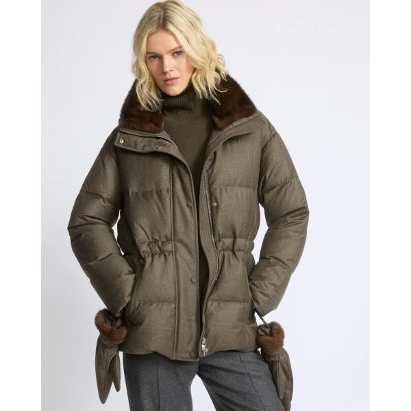 Yves Salomon Fitted Flannel Down Jacket with Mink Fur Collar and Mittens in Brown | Coats | Coveti