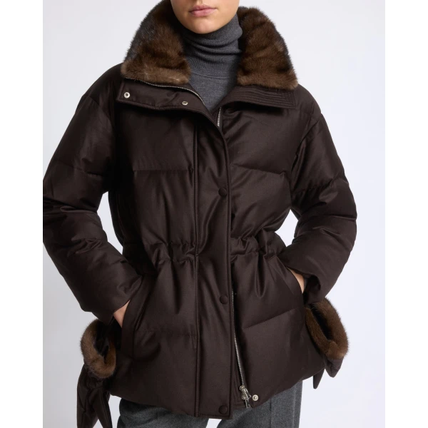 Yves Salomon Fitted Flannel Down Jacket with Mink Fur Collar and Mittens in Brown | Coats | Coveti