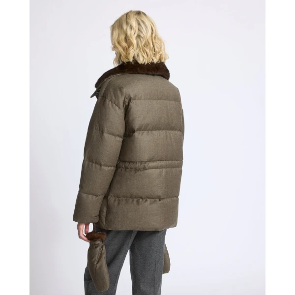Yves Salomon Fitted Flannel Down Jacket with Mink Fur Collar and Mittens in Brown | Coats | Coveti