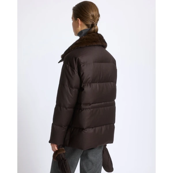 Yves Salomon Fitted Flannel Down Jacket with Mink Fur Collar and Mittens in Brown | Coats | Coveti