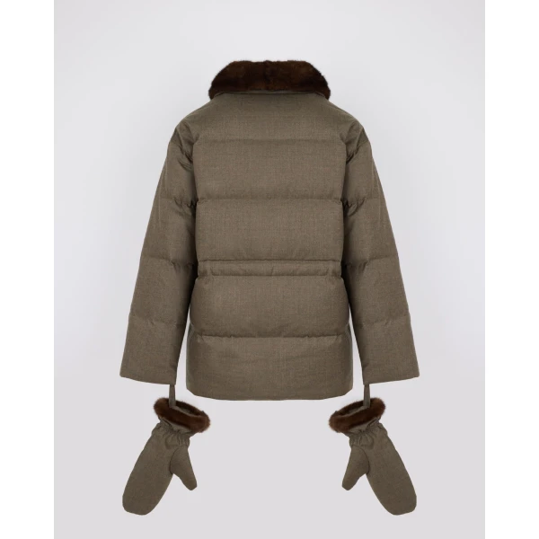 Yves Salomon Fitted Flannel Down Jacket with Mink Fur Collar and Mittens in Brown | Coats | Coveti
